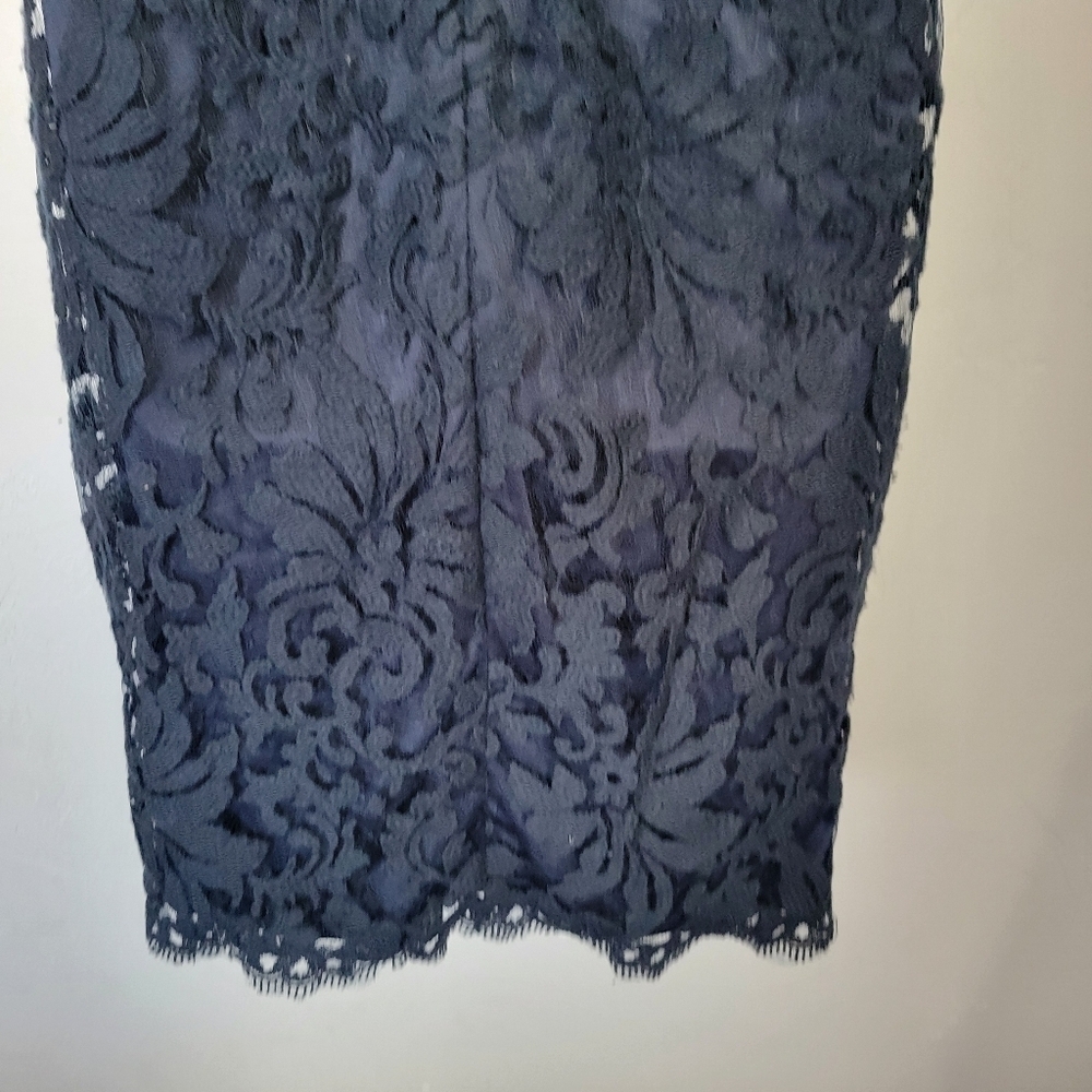 Tadashi Shoji Women's 6 Navy Blue Embroidered Lace Sheath Dress Midi Knee Length - Picture 13 of 15